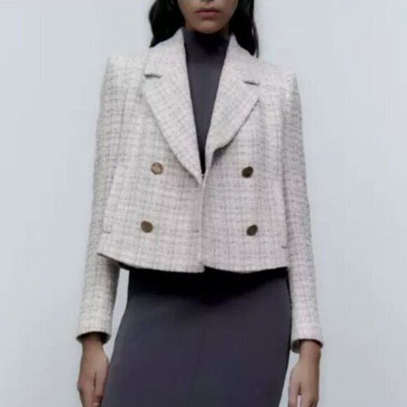 ZARA WOMEN NEW CROPPED TEXTURED BLAZER WEAVE TWEED - Picture 1 of 10